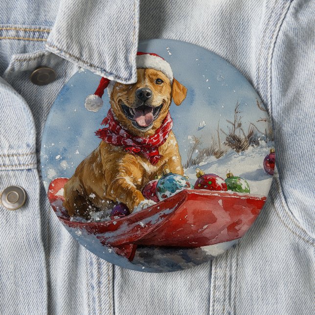Rhodesian Ridgeback Dog in Sledge Christmas Button (In Situ)