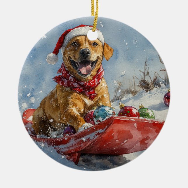 Rhodesian Ridgeback Dog in Sledge Christmas Ceramic Ornament (Front)