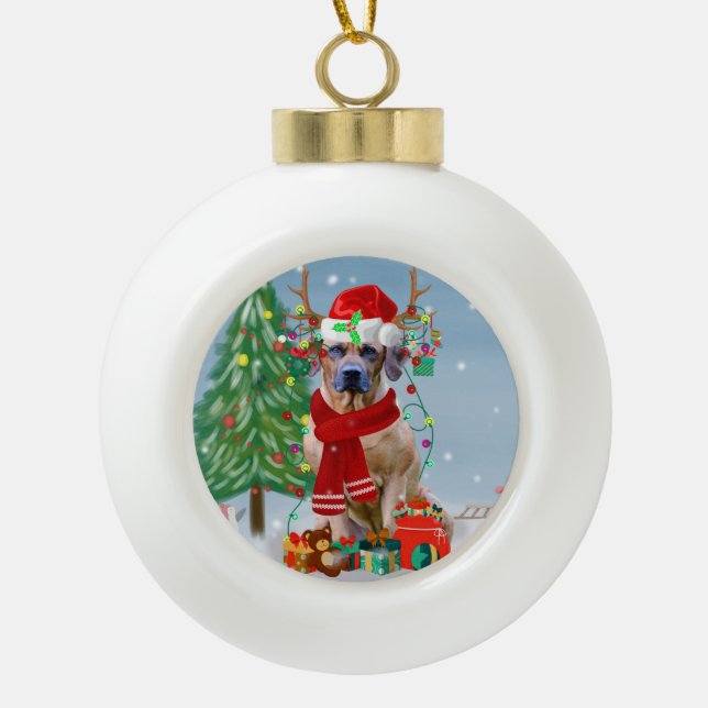 Rhodesian Ridgeback Dog in Snow Christmas Gift  Ceramic Ball Christmas Ornament (Front)