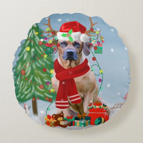 Rhodesian Ridgeback Dog in Snow Christmas Gift Round Pillow