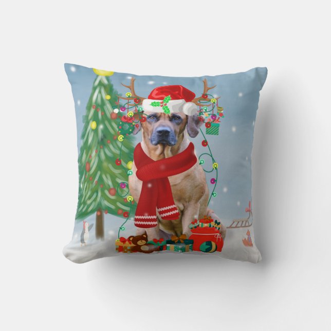 Rhodesian Ridgeback Dog in Snow Christmas Gift  Throw Pillow (Front)