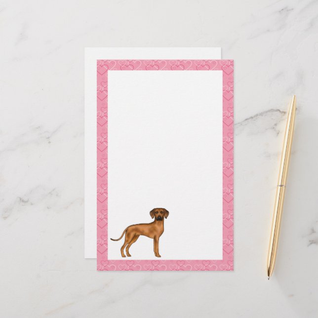 Rhodesian Ridgeback Dog Love Heart Pattern Pink Stationery (Front/Back In Situ)