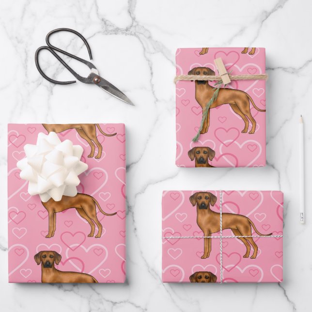 Rhodesian Ridgeback Dog Love Heart Pattern Pink Wrapping Paper Sheets (Front)