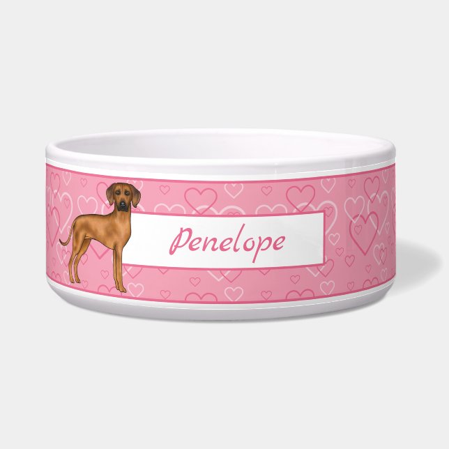 Rhodesian Ridgeback Dog On Pink Hearts With Name Bowl (Front)