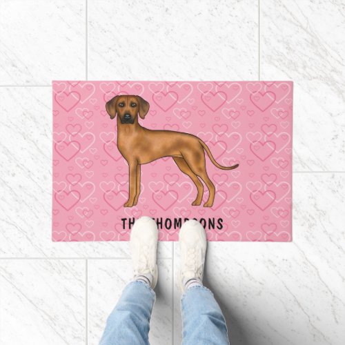 Rhodesian Ridgeback Dog On Pink Hearts With Name Doormat