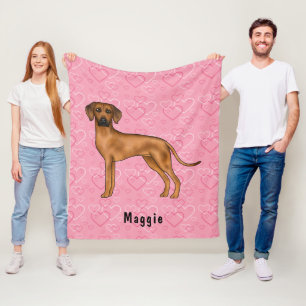 Rhodesian Ridgeback Dog On Pink Hearts With Name Fleece Blanket