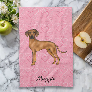 Rhodesian Ridgeback Dog On Pink Hearts With Name Kitchen Towel