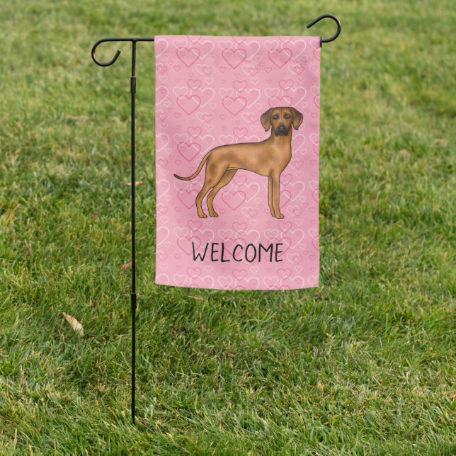 Rhodesian Ridgeback Dog On Pink Hearts With Text Garden Flag (In SItu)