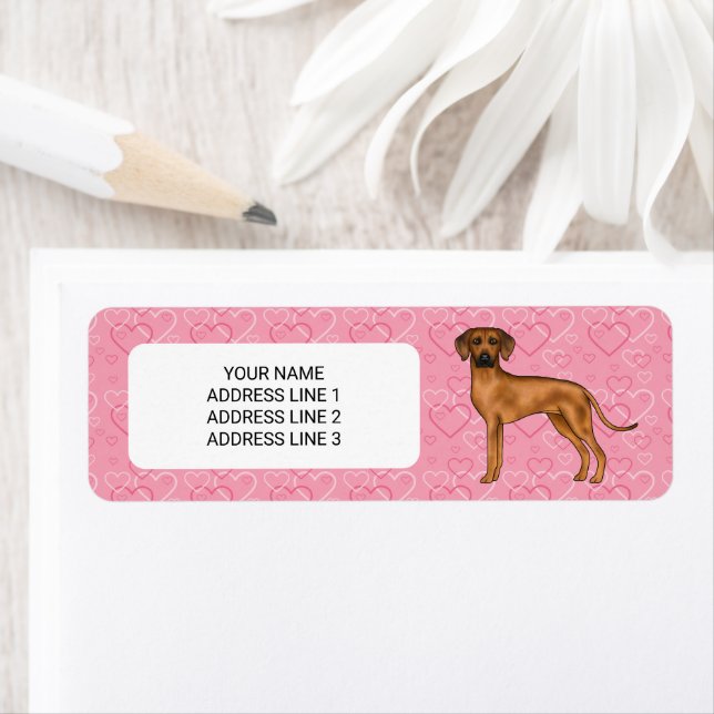 Rhodesian Ridgeback Dog On Pink Hearts With Text Label (Insitu)
