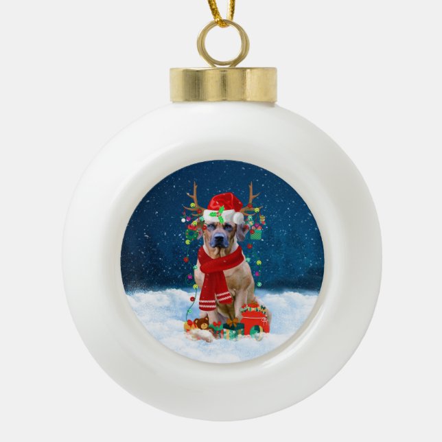 Rhodesian Ridgeback dog with Christmas gifts Ceramic Ball Christmas Ornament (Front)