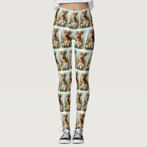 Rhodesian Ridgeback Dog with Easter Eggs Holiday Leggings