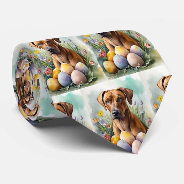 Rhodesian Ridgeback Dog with Easter Eggs Holiday Neck Tie (Rolled)