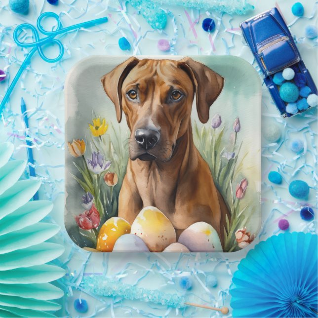 Rhodesian Ridgeback Dog with Easter Eggs Holiday Paper Plates (Party)