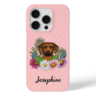 Rhodesian Ridgeback Dog With Flowers And Name Pink iPhone 15 Pro Case