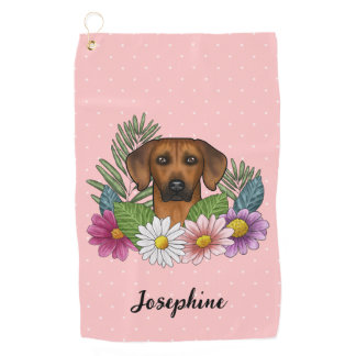 Rhodesian Ridgeback Dog With Flowers And Name Pink Golf Towel