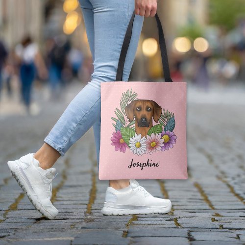 Rhodesian Ridgeback Dog With Flowers And Name Pink Tote Bag
