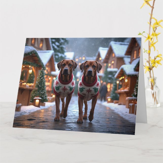 Rhodesian Ridgeback Dogs Christmas Snow Holiday Card (Yellow Flower)