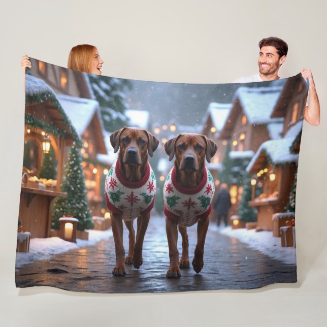 Rhodesian Ridgeback Dogs Christmas Snow Holiday Fleece Blanket (In Situ)