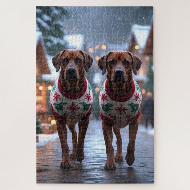 Rhodesian Ridgeback Dogs Christmas Snow Holiday Jigsaw Puzzle (Vertical)
