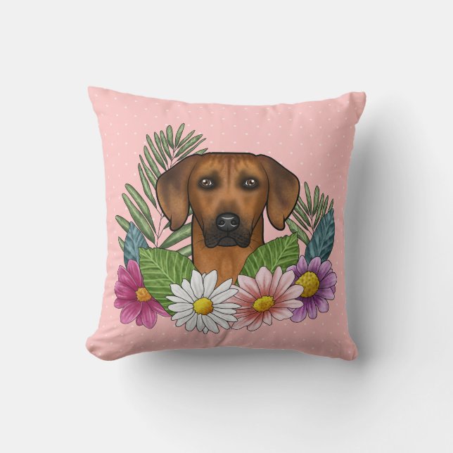 Rhodesian Ridgeback Head And Summer Wildflowers Throw Pillow (Front)