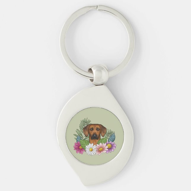 Rhodesian Ridgeback Head Colorful Florals On Green Keychain (Front)