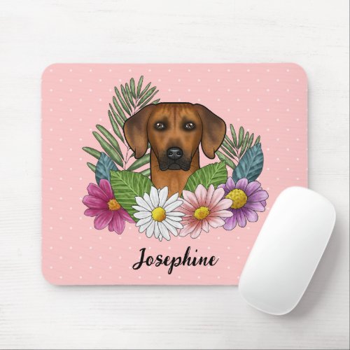 Rhodesian Ridgeback Head Colorful Flowers And Name Mouse Pad