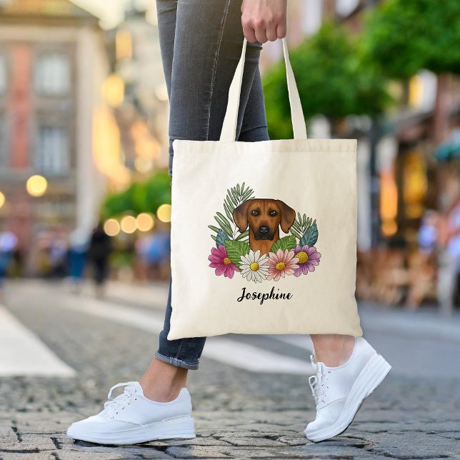 Rhodesian Ridgeback Head Colorful Flowers And Name Tote Bag (Please note: This image is a digital mockup. The product may not be in scale.)