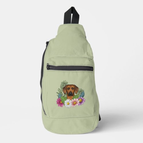 Rhodesian Ridgeback Head Colorful Flowers Green Sling Bag