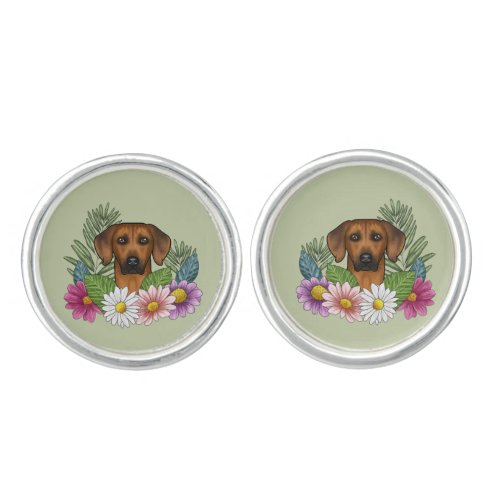 Rhodesian Ridgeback Head Colorful Flowers On Green Cufflinks