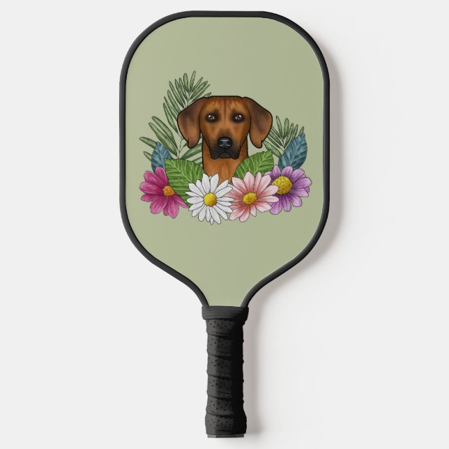 Rhodesian Ridgeback Head Colorful Flowers On Green Pickleball Paddle (Front)