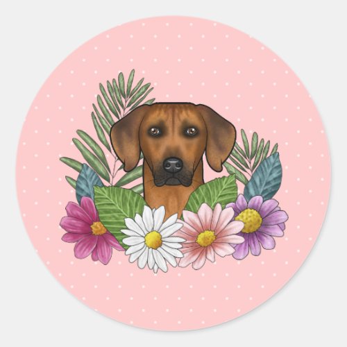 Rhodesian Ridgeback Head Colorful Flowers On Pink Classic Round Sticker