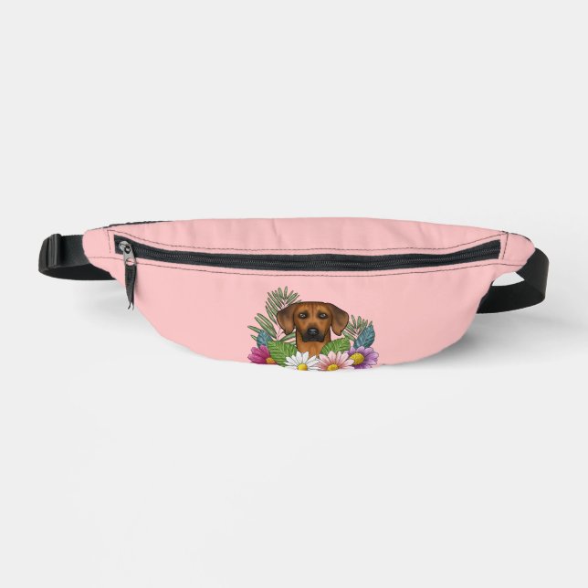 Rhodesian Ridgeback Head Colorful Flowers On Pink Fanny Pack (Front)