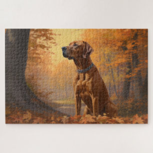 Rhodesian Ridgeback in Autumn Leaves Fall Inspire Jigsaw Puzzle