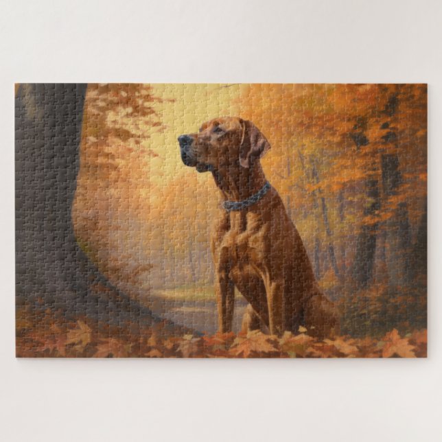 Rhodesian Ridgeback  in Autumn Leaves Fall Inspire Jigsaw Puzzle (Horizontal)