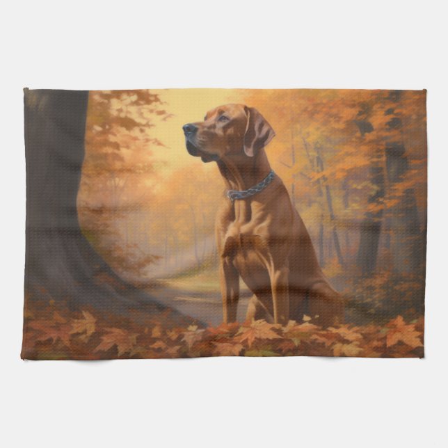 Rhodesian Ridgeback  in Autumn Leaves Fall Inspire Kitchen Towel (Horizontal)