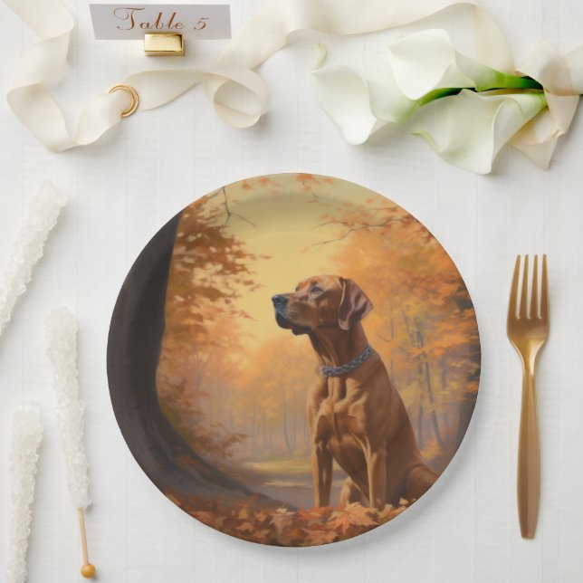 Rhodesian Ridgeback  in Autumn Leaves Fall Inspire Paper Plates (Wedding)