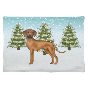 Rhodesian Ridgeback Lion Dog Snowy Winter Forest Cloth Placemat