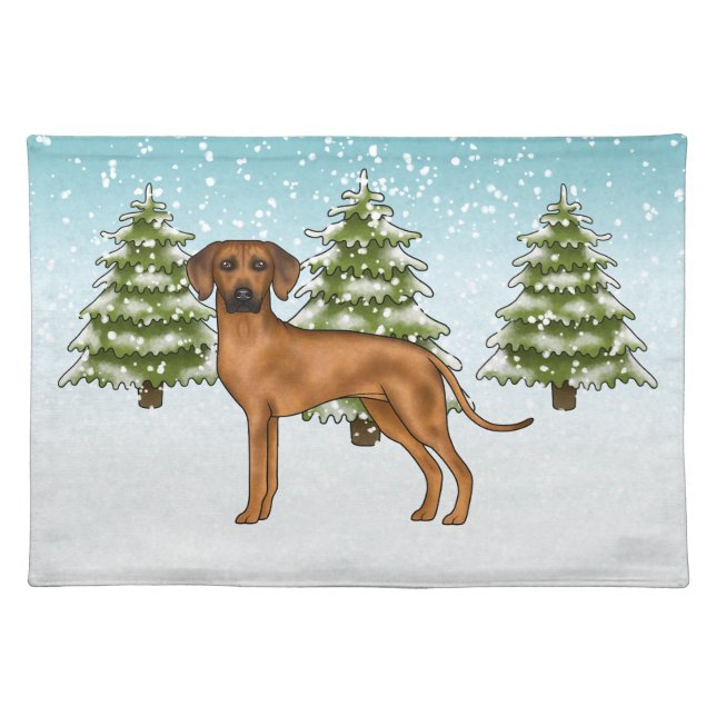Rhodesian Ridgeback Lion Dog Snowy Winter Forest Cloth Placemat (Front)