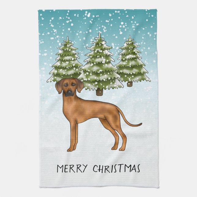 Rhodesian Ridgeback Lion Dog Snowy Winter Forest Kitchen Towel (Vertical)