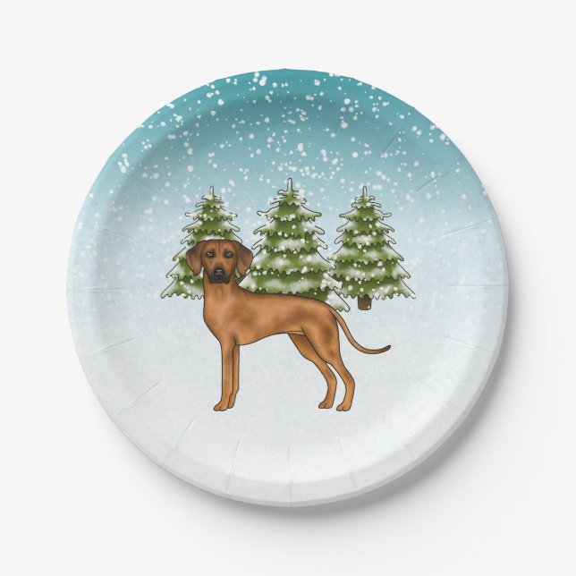 Rhodesian Ridgeback Lion Dog Snowy Winter Forest Paper Plates (Front)