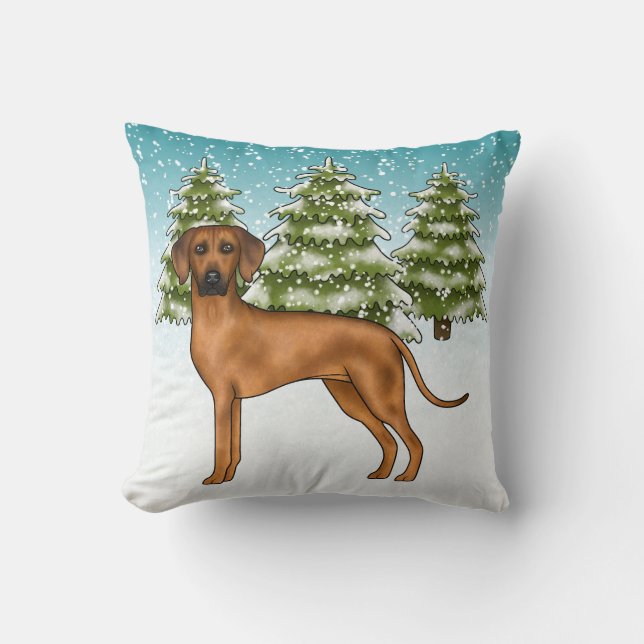 Rhodesian Ridgeback Lion Dog Snowy Winter Forest Throw Pillow (Front)