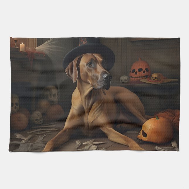 Rhodesian Ridgeback Pumpkins Halloween Scary Kitchen Towel (Horizontal)