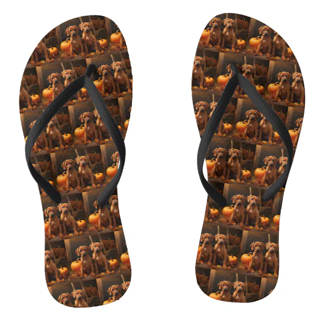 Rhodesian Ridgeback Puppy Autumn Delight Pumpkin Flip Flops | Zazzle