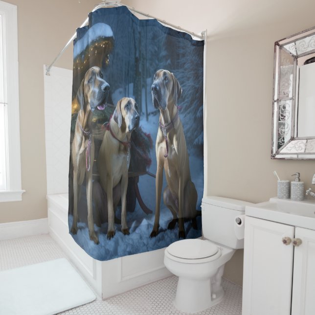 Rhodesian Ridgeback Snowy Sleigh Christmas Decor Shower Curtain (In Situ)