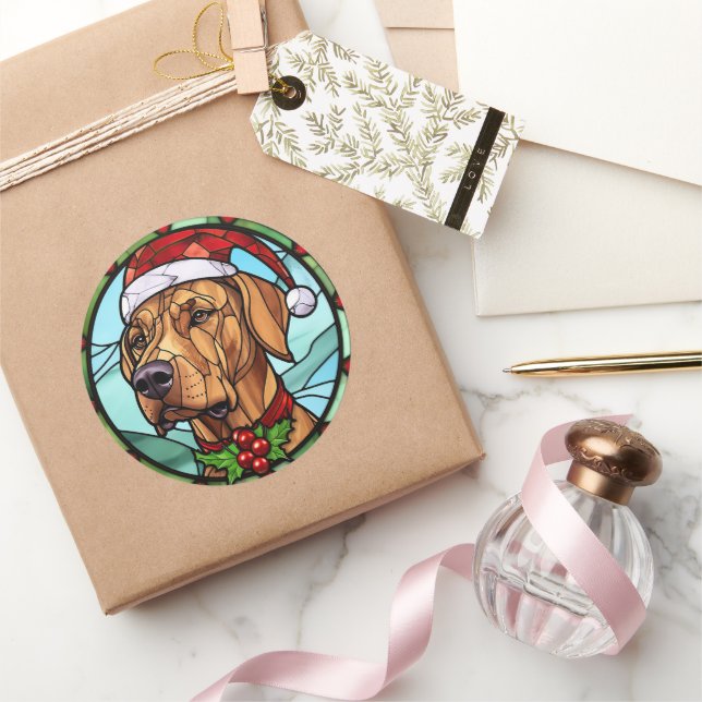 Rhodesian Ridgeback Stained Glass Christmas Classic Round Sticker (Gifting)