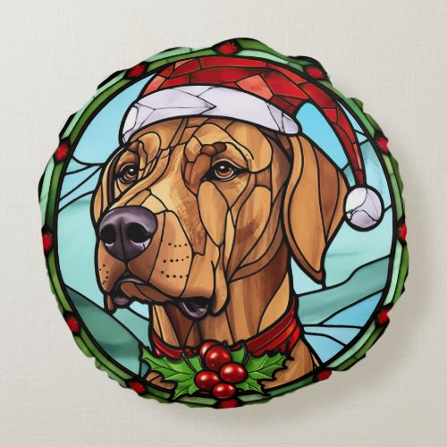 Rhodesian Ridgeback Stained Glass Christmas Round Pillow