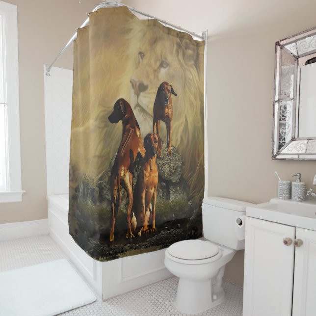 Rhodesian Ridgeback with Lion Shower Curtain (In Situ)