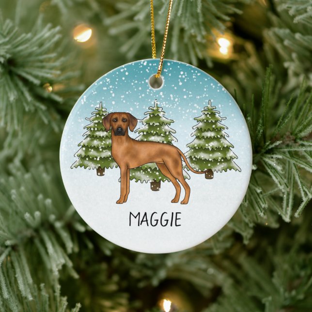 Rhodesian Ridgeback With Name Snowy Winter Forest Ceramic Ornament (Tree)