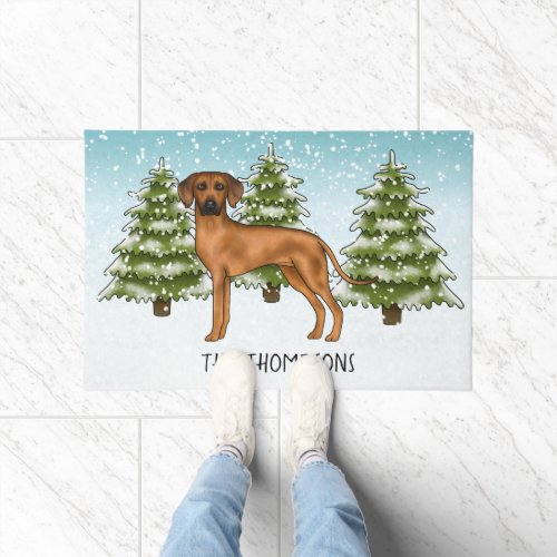 Rhodesian Ridgeback With Name Snowy Winter Forest Doormat