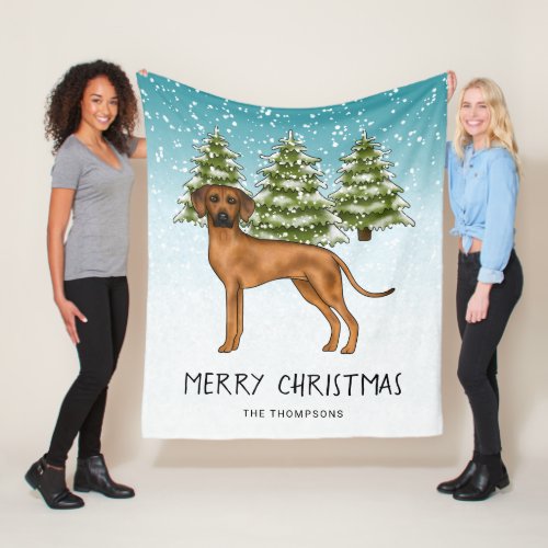 Rhodesian Ridgeback With Text Snowy Winter Forest Fleece Blanket